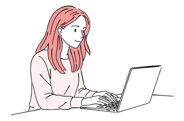 デスクでノートパソコンで作業をする若い女性のおしゃれな線画アイコンベクターイラスト / リモートワーク / 在宅オフィス / ラインアート