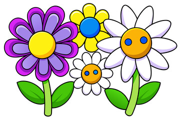 A colorful cartoon illustration of five different flowers with green stems and leaves, isolated on a