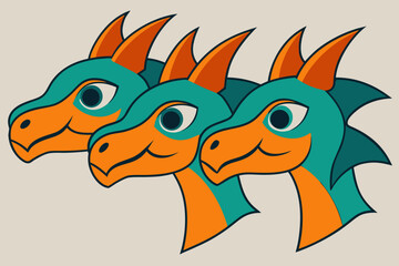 Three cartoon dragon heads in teal and orange, side profile, with sharp teeth and horns, against a neutral background