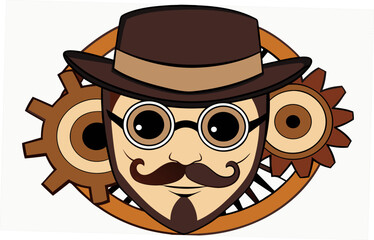 Steampunk man with goggles and mustache, , with gears and a wheel behind him, representing invention and industry