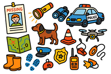 Search Effort Doodle. Colorful Hand-drawn doodle Children illustration Missing Person Search effort poster, flashlight, police car, binoculars, photo, map,