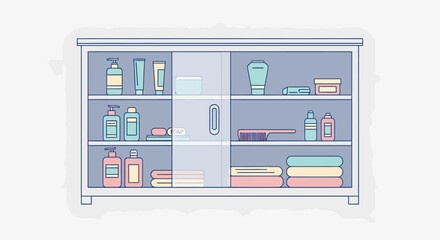 Flat lay illustration of a bathroom cabinet with toiletries, towels, and beauty products; pastel color palette; minimalist style; organized storage; clean white