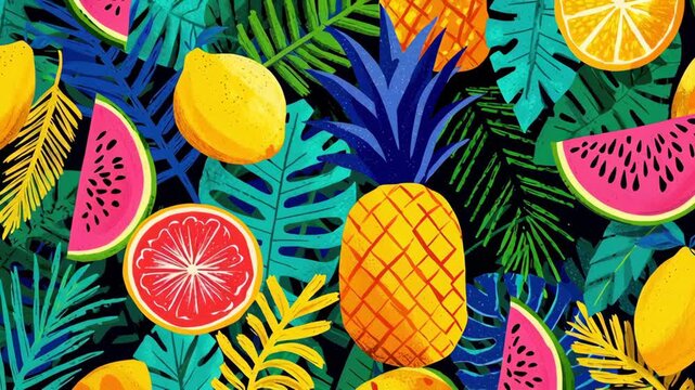Tropical fruit pattern featuring pineapple, lemon, watermelon, orange, and lush green leaf, vibrant and colorful summer vibe, energetic and lively