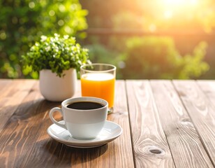 Morning coffee and juice on a wooden table