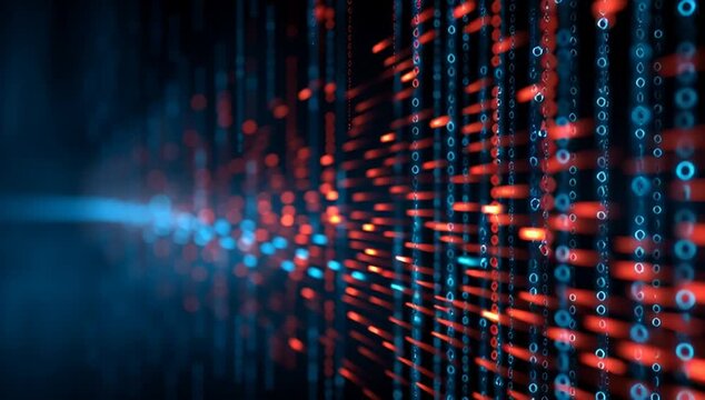 Abstract digital background with binary code, data stream, and technology concept.