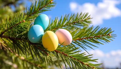 Easter eggs on a pine branch