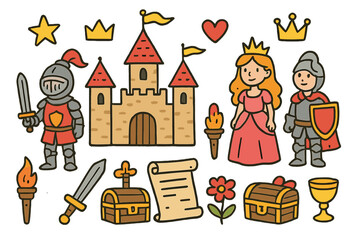 Magical Castle Icons. Castle life. Colorful Hand-drawn doodle Children illustration castle, crown, knight, princess, banner, star, heart, treasure chest,