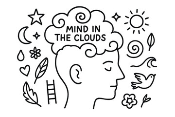 Mind in the Clouds. Hand-drawn doodle illustration Mind in the Clouds [person head outline, swirling cloud, star, moon, sparkle, sun, spiral, wave, feather,