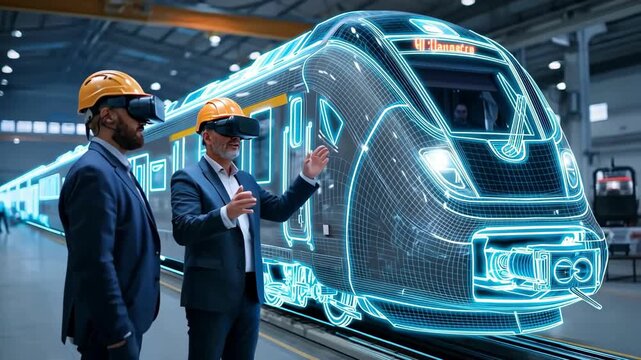 Engineers using VR to inspect a futuristic train design in a factory setting.