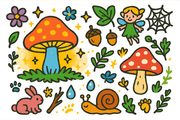 Enchanted Forest Floor. Colorful Hand-drawn doodle Children illustration Magical Forest Floor glowing mushroom, fairy, leaf, flower, sparkling dust, moss,