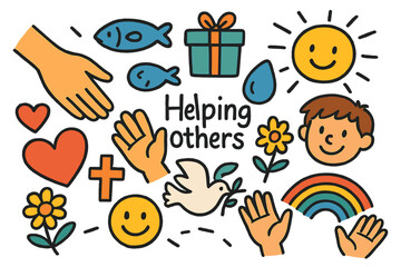 Fototapeta premium Helping Hands Doodle. Helping others. Colorful Hand-drawn doodle Children illustration hand reaching out, heart, bread, fish, gift box, smiley face, cross,