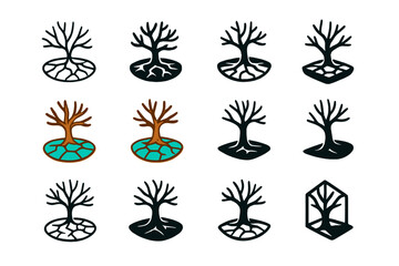 Barren Tree Logos. Set Logo of Barren Tree: Cracked Earth with Tree Shadow. Logo set in vector style, emblematic variations. line, bold thick line, solid black