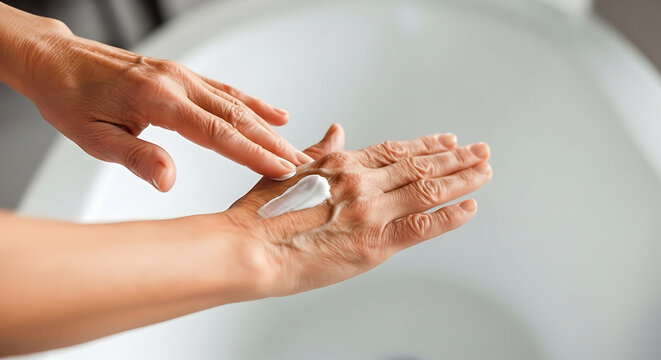 Nourishing hands with luxurious cream for youthful skin and daily self care for healthy aging, promoting wellness and comfort for mature beauty