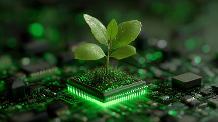 Sustainable future concept showing seedling growing from computer chip, symbolizing technology and nature, green technology solutions, environmental awareness