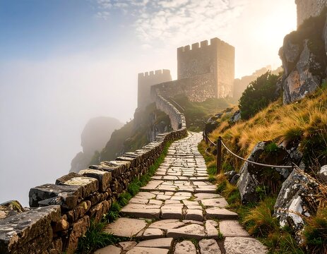 Ancient path to a misty castle