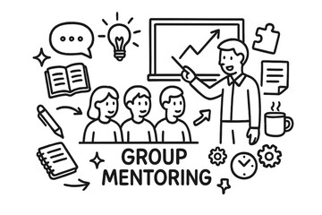 Group Mentoring Doodle. Hand-drawn doodle illustration Group mentoring [multiple figures, blackboard, book, notebook, pen, chat bubble, light bulb, document,