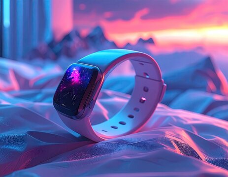 White Smartwatch with Pink and Purple Neon Lighting on Fabric - Powered by Adobe