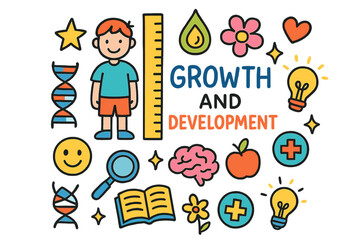 Children's Growth Symbols. Colorful Hand-drawn doodle Children illustration Growth and development child figure, ruler, hormone droplet, DNA strand, star,