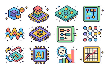 Fototapeta premium Neural Network Icon Set. Colorful isometric vector icons set of Neural Network Visuals for AI Chips: convolutional network icon, AI model layers chip, weights