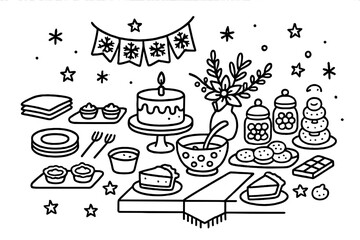 Festive Dessert Doodle. Hand-drawn doodle illustration [festive dessert table setup] [cake stand, mini tarts, snowflake bunting, napkin stack, plates, dessert