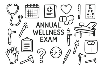 Obraz premium Annual Wellness Icons. Hand-drawn doodle illustration Annual wellness exam stethoscope, calendar, patient file, heart icon, blood pressure cuff, thermometer,