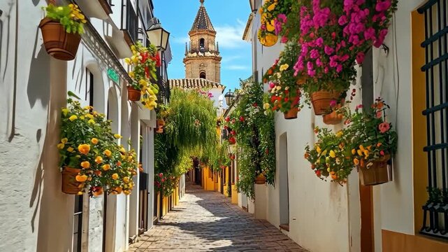 Charming street in Cordoba, Spain, adorned with colorful flower pots.