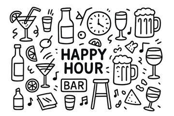 Happy Hour Doodle. Happy hour. Hand-drawn doodle illustration happy hour cocktail glasses, beer mugs, wine glasses, shot glasses, straws, citrus slices,