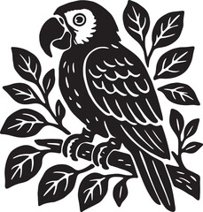 Obraz premium Parrot perched on branch linocut engraving woodblock style exotic tropical bird black and white vector art illustration