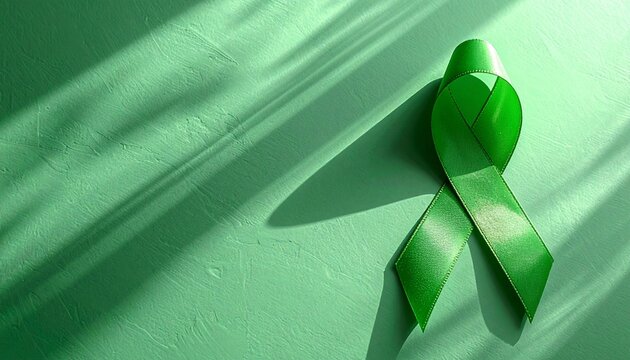 A green awareness ribbon symbolizing hope and support, bathed in natural light with organic shadows for mental health and environmental causes