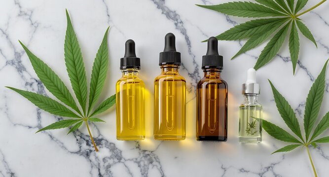 CBD oil bottles with hemp leaves on marble background