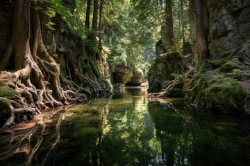 Calm, reflective forest stream with massive tree roots