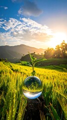 Crystal sphere over golden fields at sunrise