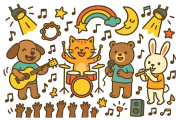 Obraz premium Animal Band Performance. Colorful Hand-drawn doodle Children illustration Animal band dog with guitar, cat on drums, bear with mic, rabbit playing flute, music