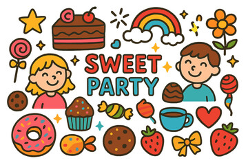 Obraz premium Sweet Chocolate Party Doodles. Colorful Hand-drawn doodle Children illustration Sweet Chocolate Party [truffles, cake, cupcake, cookie, donut, candy, heart,