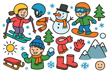 Colorful Winter Fun. Colorful Hand-drawn doodle Children illustration Kids on the slopes ski, snowboard, snowman, helmet, scarf, goggles, gloves, pine tree,