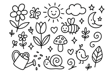 Fototapeta premium Whimsical Garden Doodles. Hand-drawn doodle illustration Whimsical garden dream [flower, butterfly, bee, leaf, heart, sparkle, sun, moon, star, cloud, watering