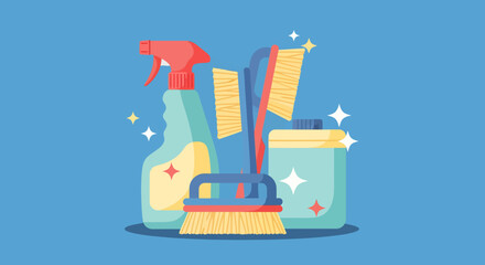 Flat lay illustration of cleaning supplies: spray bottle, brushes, and detergent container, against a bright blue background, in a vibrant, clean style.