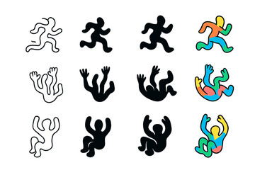 Distorted Body Icon Set. Icon Set of Distorted Body Silhouette Motions: Running distorted figure, Falling silhouette, Floating figure. Icons set in vector