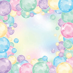 Pastel-colored, faceted spheres border a soft, rainbow-hued background, creating a whimsical composition.