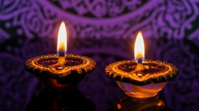 Two Lit Diya Lamps with Purple Background.