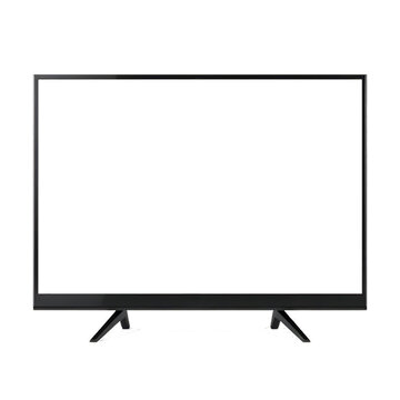 Realistic TV screen. Realistic illustration of black TV with stand and blank transparent isolated. Front shot of plasma tv screen.
