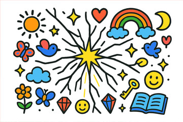 Whimsical Window Wonders. Colorful Hand-drawn doodle Children illustration Cracked Glass window cracks, shining star, rainbow, moon, sun, heart, sparkles,
