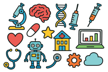 Colorful Medical Doodles. Diagnostics. Colorful Hand-drawn doodle Children illustration microscope, brain, DNA strand, pill, syringe, chart, stethoscope,