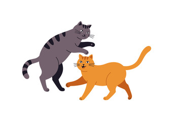 Two cartoon cats one gray and one orange facing each other
