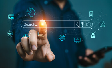 Search with AI Assistant; SEO Search Engine Optimization Concept. AI SEO icons on websites to rank search engines or perform SEO. search on screen. Artificial Intelligence data technology