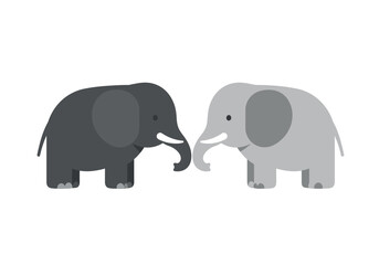 Two stylized elephants one gray and one dark gray facing each other on a white background