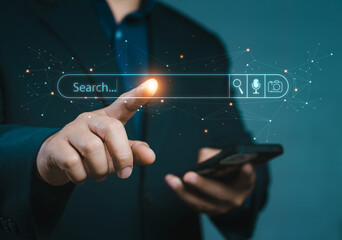 Search with AI Assistant; SEO Search Engine Optimization Concept. AI SEO icons on websites to rank search engines or perform SEO. search on screen. Artificial Intelligence data technology