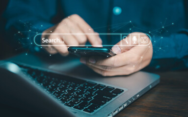 Search with AI Assistant; SEO Search Engine Optimization Concept. AI SEO icons on websites to rank search engines or perform SEO. search on screen. Artificial Intelligence data technology
