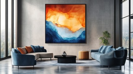 A large abstract painting, featuring flowing orange and blue hues, dominates a modern living room with a stylish sectional sofa.
