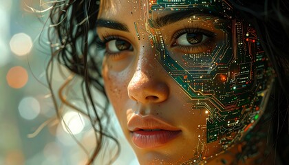 Close-up portrait of a woman with a futuristic, cybernetic face